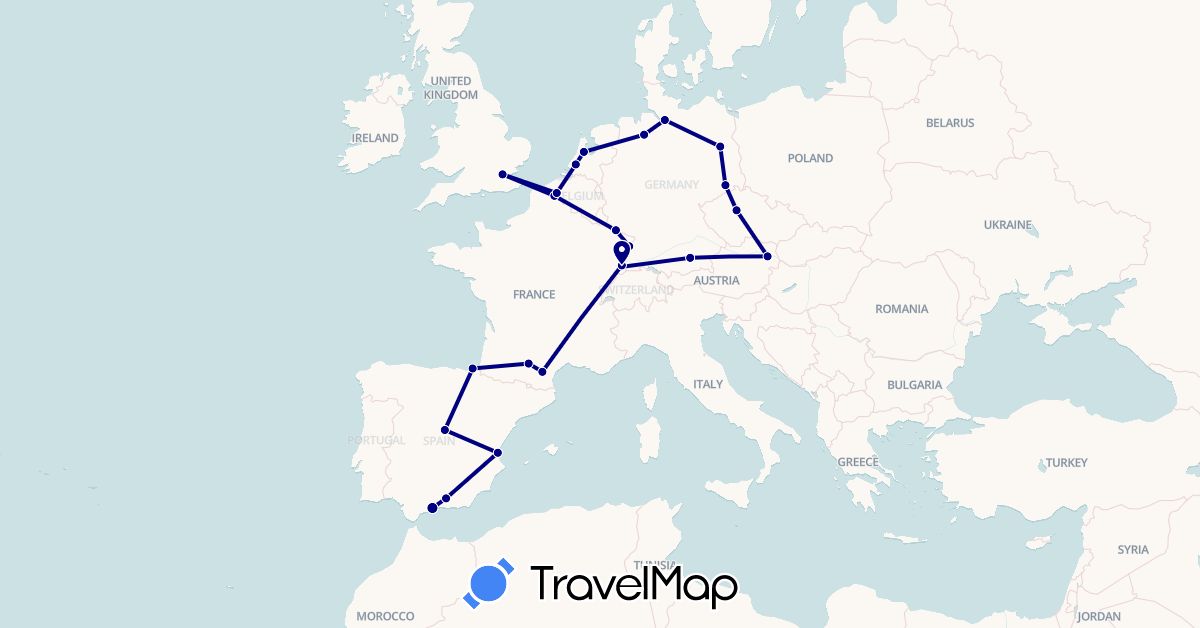 TravelMap itinerary: driving in Austria, Belgium, Czech Republic, Germany, Spain, France, United Kingdom, Netherlands (Europe)